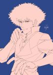  1boy blue_background closed_mouth cowboy_bebop highres looking_at_viewer male_focus matsukawa_tetsuya monochrome necktie signature simple_background smile solo spike_spiegel 