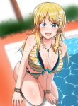  1girl blonde_hair flower hachimiya_meguru hair_flower hair_ornament idolmaster idolmaster_shiny_colors one_eye_closed open_mouth pool swimsuit varios wet wet_clothes wet_swimsuit 