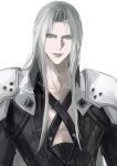  1boy armor black_coat chains39550 chinese_commentary closed_mouth coat collarbone commentary_request curtained_hair final_fantasy final_fantasy_vii green_eyes highres long_hair looking_at_viewer male_focus pauldrons sephiroth shoulder_armor simple_background solo unzipped upper_body very_long_hair white_background zipper 