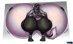  2021 5:3 anthro araidian_(artist) bedroom_eyes big_breasts big_butt bottomwear breasts butt clothing digitigrade facial_piercing female hair hand_on_butt hi_res huge_breasts huge_butt hyper hyper_breasts hyper_butt kneeling kraxie lips long_hair looking_at_viewer narrowed_eyes nose_piercing nose_ring pants piercing rear_view seductive sergal shirt solo thick_lips topwear 