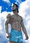  1boy abs bara bare_pecs beard black_hair blue_male_swimwear cloud cloudy_sky cowboy_shot facial_hair highres koji_(wildlhz) large_pectorals looking_to_the_side male_focus male_swimwear mature_male muscular muscular_male navel navel_hair nipples original short_hair sky solo stomach sunlight swim_trunks swimwear 