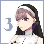  1girl actor actor_connection arm_at_side bare_shoulders black_ribbon black_shirt border braid braided_bangs clothing_cutout coif cosplay countdown drop_shadow grey_border guimpe hair_behind_ear hair_ribbon halftone hand_up highres ishii_haruna nigari_(ngari_0115) nun outside_border portrait real_life ribbon salome_(shuuen_no_virche) salome_(shuuen_no_virche)_(cosplay) shirt short_hair shoulder_cutout shuuen_no_virche simple_background solo white_background 