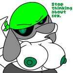 angry annoyed anthro bare_chest bone bottomwear breasts clothed clothing dialogue female fur generation_4_pokemon green_kerchief green_nipples hi_res kerchief lua_(skeletonhearts) nintendo nipples pants pokemon pokemon_(species) riolu short_stack skeleriolu skeleton skeletonhearts solo stop_thinking_about_sex topless white_body white_fur