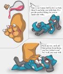 3_fingers 3_toes absurd_res anthro black_body black_fur blue_body blue_fur cel_shading claws comic dragon dragonite duo feet fingers first_person_view foot_fetish foot_focus foot_in_mouth foot_lick foot_on_body foot_play foot_suck fur generation_1_pokemon generation_4_pokemon hi_res kiwifizz licking long_ears low-angle_view lying male male/male mythological_creature mythological_scalie mythology nintendo on_back on_ground open_mouth orange_body pokemon pokemon_(species) potion potion_bottle raised_leg red_eyes red_sclera riolu scalie scared scared_expression shaded simple_background size_difference speech_bubble stomping sucking tail text thick_tail thick_thighs throwing toe_claws toe_in_mouth toe_suck toes tongue under_foot wet wide_hips