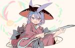  1girl bowl bowl_hat hat highres japanese_clothes kimono ma_sakasama needle obi purple_eyes purple_hair sash sukuna_shinmyoumaru touhou weapon 