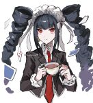  1girl black_hair black_jacket black_nails bonnet celestia_ludenberg claw_ring commentary_request cropped_torso cup danganronpa:_trigger_happy_havoc danganronpa_(series) drill_hair earrings eyelashes frilled_jacket frills fuku_sa gothic_lolita headdress holding holding_cup jacket jewelry lolita_fashion long_hair long_sleeves looking_at_viewer nail_polish necktie red_eyes red_necktie shirt smile solo twin_drills twintails upper_body v-bangs white_background 