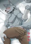 &lt;3 2019 abs anthro biped blush bowl canid canine canis clothed clothing collar digital_media_(artwork) flower fur grey_body grey_fur kemono_michi:_rise_up male mammal mumu202 muscular muscular_anthro muscular_male nipples open_mouth open_smile pecs pet_bowl plant smile solo topless wolf wolfgang_von_kraftman yellow_eyes 