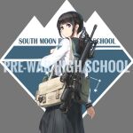  1girl assault_rifle bag bangs black_hair black_sailor_collar black_skirt blouse carrying closed_mouth commentary_request emblem english_text from_behind grey_background gun light_frown long_sleeves looking_at_viewer looking_back medium_skirt original pleated_skirt purple_eyes rifle sailor_collar satchel school_uniform scope serafuku short_hair sidelocks skirt solo standing tanto_(tc1995) weapon weapon_request white_blouse 