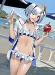 1girl amane_kanata angel angel_wings apple beach blue_hair blunt_bangs cup drinking_glass flat_chest food fruit grey_hair halo highres holding holding_cup holding_food hololive hood hoodie junny multicolored_hair navel ocean one_eye_closed pleated_skirt purple_eyes short_hair skirt solo swimsuit thighs two-tone_hair unzipped virtual_youtuber wine_glass wings 