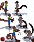 2001 anthro assassin barefoot bent_over black_body black_fur blue_bottomwear blue_clothing blue_shorts bottomwear bowed_string_instrument brown_body brown_fur canid cheek_tuft clenched_teeth clothing coat comic countershade_neck countershading covering covering_ears dropping_weapon duo emanata eye_contact eyes_closed eyewear facial_tuft feet female fur glasses green_clothing green_shirt green_topwear gulonine gun holding_gun holding_head holding_machine_gun holding_object holding_ranged_weapon holding_violin holding_weapon humor hybrid improvisation improvised_weapon intimidation jack_salem long_tail looking_at_another lysozyme machine_gun male mammal marten motion_lines multicolored_body multicolored_fur musical_instrument musical_note musical_symbol musician mustelid musteline performance pince-nez playing_music playing_violin ranged_weapon sable_(marten) scared_face sequence shirt shorts showdown signature simple_background standing string_instrument sudden suffering surprise symbol tail teeka_(lysozyme) teeth topwear trenchcoat tuft two_tone_body two_tone_fur violin violin_case weapon whiskers white_background white_body white_fur