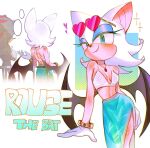  1girl animal_ears aqua_eyes aqua_skirt bat_ears bat_girl bat_wings bikini blue_eyeshadow bracelet breasts character_name eyeshadow eyewear_on_head furry furry_female furry_male gem gloves gold_bracelet heart heart-shaped_eyewear highres jewelry looking_at_viewer makeup navel pink-tinted_eyewear red_gemstone rouge_the_bat rouge_the_bat_(summer) sa1k_a shadow_the_hedgehog simple_background skirt smile solo_focus sonic_(series) sonic_speed_simulator standing swimsuit tinted_eyewear upper_body white_background white_bikini white_fur white_gloves wings 