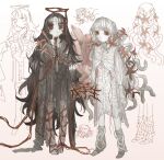  2girls blood blood_from_neck brown_coat brown_hair closed_mouth coat expressionless flower-shaped_hair frilled_coat frills full_body halo highres injury long_hair multiple_girls neck_injury orange_eyes original pale_skin red_ribbon ribbon sketch_inset snake_hair standing very_long_hair white_background white_coat white_hair wuwuren 