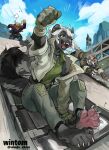 absurd_res angry anthro artist_name athletic athletic_anthro athletic_female athletic_male belt bovid bovine canid canine canis cattle clothed clothed_anthro clothed_female clothed_male clothing cloud collar combat_cat_studio digitigrade digitigrade_heels digitigrade_paws fangs female fingerless_gloves fist frown frowney_face frowning_at_another gloves group handwear happy hi_res inappropriate_tool_use jack_(wild_assault) male mammal marquez_(wild_assault) mephitid military_clothing military_jacket military_pants military_uniform military_vest motion_lines muscular muscular_anthro muscular_male open_mouth open_smile outside pawpads raised_fist raised_hand riding riot_shield running running_on_all_fours ryan_(wild_assault) sandboarding shield sitting skunk sky smile stealing teeth text trio uniform unimpressed watchtower wild_assault wintom wolf