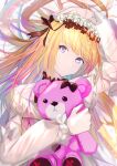  1girl arm_up bangs blonde_hair cagliostro_(granblue_fantasy) commentary_request dress eyebrows_visible_through_hair flower granblue_fantasy hair_flower hair_ornament head_tilt highres kayjae long_sleeves object_hug parted_lips puffy_long_sleeves puffy_sleeves purple_eyes rose solo stuffed_animal stuffed_toy teddy_bear upper_body white_dress white_flower white_rose 