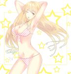  1girl armpits arms_behind_head arms_up bikini blonde_hair breasts brown_eyes cleavage commentary cowboy_shot dot_nose groin large_breasts light_blush long_hair long_sidelocks looking_at_viewer navel one_eye_closed open_mouth pink_bikini polka_dot polka_dot_bikini shokuhou_misaki sidelocks solo sparkling_eyes star_(symbol) star_symbol_background stomach swimsuit thighs toaru_majutsu_no_index two-tone_background white_background white_polka_dots zang 