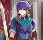  1boy armor banner blue_cape blue_eyes blue_hair breastplate cape commentary_request fire_emblem fire_emblem:_mystery_of_the_emblem gloves haru_(nakajou-28) highres male_focus marth_(fire_emblem) pauldrons scabbard sheath shoulder_armor sword tiara weapon 