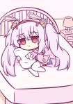  1girl animal_ears azur_lane bunny_ears chibi eyebrows_visible_through_hair fake_animal_ears hair_between_eyes highres holding holding_pillow indoors jacket kashimu laffey_(azur_lane) lamp long_hair on_bed pillow pink_jacket red_eyes solo thighhighs twintails very_long_hair white_legwear 