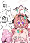  1girl absurdres ahoge animal_ears areola_slip bandaid bandaid_on_cheek bandaid_on_face blush boobs_in_book_(meme) braid breasts convenient_arm convenient_censoring cow_ears cow_horns drooling english_text flying_sweatdrops genshin_impact green_hair hair_ornament hairband highres horns long_hair mamaprofennn meme mouth_drool multicolored_hair nervous_smile nervous_sweating nude open_mouth pink_hair purple_eyes simple_background smile solo_focus stutter sweat twin_braids two-tone_hair upper_body varesa_(genshin_impact) very_long_hair you&#039;re_doing_it_wrong 