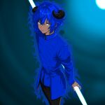  1boy absurdres alferra_belphegor aura black_pants black_undershirt blue_aura blue_background blue_eyes blue_hair blue_shirt demon_boy demon_horns energy_weapon highres horns mature_male messy_hair nia_official non-web_source original pants shirt short_hair solo tan 