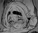  1girl :o black_hairband blush crying crying_with_eyes_open firefly_(honkai:_star_rail) hair_between_eyes hair_intakes hair_ornament hair_ribbon hairband highres honkai:_star_rail honkai_(series) lying nude on_stomach ribbon tears tefutefufu 