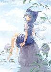  1girl bangs barefoot blue_dress blue_eyes blue_hair blue_sky blush bow cirno cloud commentary day dress from_behind grin hair_bow ice ice_wings leaf looking_at_viewer looking_back ookashippo outdoors petticoat pinafore_dress puffy_short_sleeves puffy_sleeves rock shirt short_hair short_sleeves sitting sitting_on_rock sky smile solo touhou tree_branch water white_shirt wings 
