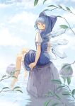  1girl bangs barefoot blue_dress blue_eyes blue_hair blue_sky blush bow cirno closed_eyes cloud commentary day dress facing_viewer from_behind grin hair_bow ice ice_wings leaf ookashippo outdoors petticoat pinafore_dress puffy_short_sleeves puffy_sleeves rock shirt short_hair short_sleeves sitting sitting_on_rock sky smile solo touhou tree_branch water white_shirt wings 