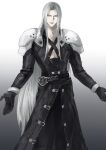  1boy absurdres armor belt belt_buckle black_belt black_coat black_gloves black_pants buckle chains39550 chinese_commentary closed_mouth coat collarbone commentary_request curtained_hair final_fantasy final_fantasy_vii gloves green_eyes grey_hair highres long_hair looking_at_viewer male_focus multiple_belts outstretched_arms pants pauldrons sephiroth shoulder_armor smile solo standing unzipped very_long_hair zipper 