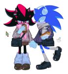  2boys absurdres animal_ears animal_nose bag black_bag black_fur black_shoes black_skirt blue_fur brown_shoes brown_skirt brown_sweater chili_dog closed_mouth crossdressing cup earmuffs food full_body furry furry_male glasses gloves grey_leg_warmers hair_ornament hairclip heart hedgehog_boy highres holding holding_cup holding_food holding_hands leg_warmers long_hair looking_at_another male_focus multicolored_fur multiple_boys pink_scarf purple_sweater red-framed_eyewear red_eyes red_fur sa1k_a scarf shadow_the_hedgehog shoes shoulder_bag simple_background skirt smile socks sonic_(series) sonic_the_hedgehog standing sweater two-tone_fur white_background white_gloves white_socks yaoi yellow_scarf 