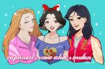  3girls black_hair blonde_hair disney fa_mulan_(disney) highres holding long_hair looking_at_viewer mulan multiple_girls rapunzel_(disney) shirt short_hair simple_background snow_white snow_white_(disney) snow_white_and_the_seven_dwarfs solo tangled wreck-it_ralph yunny_(cureyunny) 