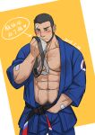  1boy abs bandaid bandaid_on_face bara bare_pecs beard black_hair blue_jacket blue_pants blush buzz_cut chest_hair cowboy_shot facial_hair hairy hand_under_clothes highres implied_yaoi jacket jockstrap karate koji_(wildlhz) large_pectorals male_focus male_masturbation male_pubic_hair male_underwear masturbation mature_male muscular muscular_male navel navel_hair nipples open_clothes open_jacket original pants pubic_hair short_hair smelling solo sportswear stomach translation_request underwear underwear_sniffing very_short_hair white_male_underwear 