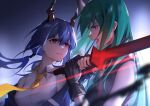  2girls arknights bangs bare_shoulders black_gloves blue_background blue_hair blue_jacket ch&#039;en_(arknights) chi_xiao_(arknights) clenched_teeth dragon_horns fengtu_ad fingerless_gloves from_side gloves green_hair hair_between_eyes highres holding holding_sword holding_weapon horns hoshiguma_(arknights) jacket long_hair looking_at_another multiple_girls necktie off_shoulder open_mouth profile red_eyes shirt single_horn sleeveless sleeveless_shirt sword teeth upper_body weapon white_shirt wing_collar yellow_neckwear 