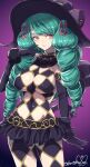  1girl argyle argyle_cutout argyle_legwear black_gloves breasts closed_mouth clothing_cutout drill_hair elbow_gloves fiore_brunelli gloves green_hair hair_ornament hat highres large_breasts long_hair looking_at_viewer makeup murata_tefu revealing_clothes simple_background skirt smile solo star_ocean star_ocean_integrity_and_faithlessness tail twin_drills witch_hat yellow_eyes 
