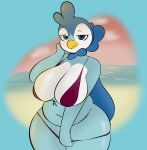  absurd_res anthro avian beach bedroom_eyes belly big_breasts big_butt bikini bird blue_eyes breasts butt clothing curvy_figure female hi_res huge_thighs invalid_tag looking_at_viewer narrowed_eyes navel nintendo penguin piplup plantedpot pok&eacute;mon pok&eacute;mon_(species) seaside seductive short_stack slightly_chubby smug solo squish sunset swimwear thick_thighs thigh_squish video_games voluptuous wide_hips 