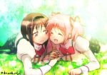  2girls ^_^ akemi_homura arm_support black_hair black_hairband black_legwear black_skirt blurry blurry_background cheek-to-cheek clenched_hand closed_eyes closed_mouth depth_of_field dot_nose eyebrows_visible_through_hair facing_viewer field flat_chest flower flower_field garden grass hair_ribbon hairband happy high_collar holding_hands juliet_sleeves kaname_madoka laughing light_blush light_particles light_rays light_smile long_sleeves looking_at_another looking_to_the_side lying mahou_shoujo_madoka_magica mitakihara_school_uniform multiple_girls neck_ribbon oka_(umanihiki) on_stomach open_mouth outdoors pink_hair plaid plaid_skirt puffy_sleeves purple_eyes red_ribbon ribbon school_uniform skirt sunlight tareme twintails twitter_username uniform white_flower white_legwear yuri 