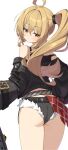  1girl absurdres ahoge ass bare_shoulders baseball_bat belt black_belt black_jacket black_shorts black_tank_top blonde_hair closed_mouth cropped_jacket dimples_of_venus hair_between_eyes highres jacket long_hair long_sleeves looking_at_viewer looking_back luciana_de_montefio metal_baseball_bat micro_shorts midriff off_shoulder red_eyes short_shorts shorts side_ponytail simple_background solo strap_slip tank_top thighs w.k white_background zenless_zone_zero 