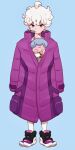  1boy ahoge bangs bede_(pokemon) blonde_hair blue_background chiyo_(ppp_808) closed_mouth coat curly_hair gen_8_pokemon hatenna highres long_sleeves looking_at_viewer male_focus pokemon pokemon_(creature) pokemon_(game) pokemon_swsh purple_coat purple_eyes shoes short_hair simple_background standing symbol_commentary watch wristwatch 