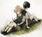  2boys back-to-back bandaid basil_(omori) black_footwear blonde_hair book bug butterfly crying earphones empty_eyes green_shorts highres insect male_focus miyashita_miro multiple_boys omori omori_(omori) on_grass shared_earphones shirt short_sleeves shorts sitting socks sweater_vest white_legwear white_shirt 