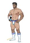  1boy abs ball bara beard black_hair bulge chest_hair facial_hair full_body hand_on_hip highres jockstrap koji_(wildlhz) large_pectorals leg_hair looking_at_viewer male_focus male_pubic_hair male_underwear mature_male muscular muscular_male navel navel_hair nipples original pubic_hair short_hair soccer_ball socks solo standing stomach sweatdrop tan tanline thick_thighs thighs underwear underwear_only white_male_underwear 