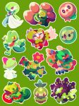  absurdres black_eyes bowl_cut colored_skin cradily dartrix decidueye diamond_mouth full_body gardevoir green_background green_hair green_skin green_theme hair_over_eyes hair_over_one_eye highres kecleon long_tongue maractus multicolored_skin outline petilil pink_eyes pokemon pokemon_(creature) pokemon_focus ralts red_eyes rowlet shichi_(7cube_ori) simple_background solosis tongue tongue_out treecko two-tone_skin white_outline white_skin yellow_eyes zygarde zygarde_(50) 