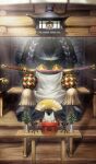  architecture armor black_armor black_hakama commentary east_asian_architecture fate/grand_order fate_(series) folding_fan hakama hand_fan hanging_lantern higashiyama_hayato japanese_armor japanese_clothes katana lantern light_particles light_rays official_art plant sheath sheathed shoulder_armor shrine sitting sode sword tassel third-party_source vase weapon zanzaburou_(fate) 