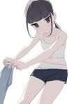  1girl black_eyes black_hair black_shorts bra commentary_request flat_chest highres hiroki_(yyqw7151) looking_at_viewer medium_hair original panties panties_under_shorts short_twintails shorts simple_background solo standing training_bra twintails underwear white_background white_bra white_panties 