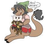 1:1 absurd_res ambiguous_gender anthro big_tail biped bottomwear bovid bovine bracelet broken_horn brown_body brown_fur cattle claws clothed clothing dialogue digital_media_(artwork) dolphin_shorts emanata english_text feral fur green_headkerchief green_kerchief grey_hair grey_horn hair headgear headkerchief headwear heart_symbol hi_res holding_another horn jewelry kerchief looking_at_viewer mammal manitka manitka_storm multi_limb multicolored_clothing multicolored_shirt multicolored_t-shirt multicolored_topwear open_mouth orange_eyes red_bottomwear red_clothing red_shorts shirt short_hair shorts simple_background sitting smile solo speech_bubble surprise surprised_expression t-shirt tail teeth text topwear unknown_species white_background