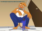  2021 absurd_res anthro blue_body blue_clothing bottomwear canid canine canis clothed clothing dialogue doggydog doggydog_(character) domestic_dog door english_text hi_res mammal micro open_mouth pants plantigrade shrinking size_transformation text topless topless_male transformation underpaw 