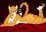  anthro areola belt big_breasts blue_eyes bracelet breasts cheetah felid feline female fur gold_(metal) hi_res jewelry julia_(vestina) looking_at_viewer mammal necklace nipples nude onyx_spartan_(artist) ring simple_background solo spots spotted_body yellow_body yellow_fur 