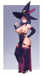  1girl absurdres blue_hair boots breastless_clothes breasts choker detached_sleeves glasses hat high_heels highres little_witch_academia medium_breasts pasties red_eyes rizdraws star_(symbol) star_pasties thigh_boots thighhighs ursula_charistes witch witch_hat 