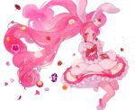  1girl animal_ears bunny_ears cake_hair_ornament cure_whip earrings extra_ears flower food food_themed_clothes food_themed_hair_ornament fruit gloves hair_ornament highres jewelry kirakira_precure_a_la_mode long_hair magical_girl petticoat pink_hair pom_pom_(clothes) pom_pom_earrings precure red_eyes solo strawberry twintails usami_ichika very_long_hair yukiumisaka 