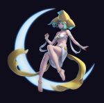  1girl anklet bangs barefoot breasts cleavage collarbone commentary crescent full_body gen_3_pokemon green_hair hair_ornament hat highres jewelry jirachi kazuko_(towa) knees looking_at_viewer mythical_pokemon navel personification pokemon sarong solo toes yellow_headwear 