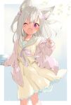  1girl ;d animal_ear_fluff animal_ears animare cardigan dress fang frilled_dress frills highres long_hair long_sleeves one_eye_closed open_cardigan open_clothes open_mouth purple_eyes shirana_tamana shiromiya_mimi silver_hair sketch sleeves_past_wrists smile suitcase virtual_youtuber yellow_dress 