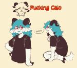 2025 anthro aricanruka arrow_sign bell bell_collar bleating blue_hair bovid caio_(lucaarts) caprine clothing collar english_text eyewear flaming_text fucking_kity_(meme) glasses goat hair hooves horn inner_ear_fluff kneeling mammal orange_eyes profanity red_text shirt simple_background solo text tongue tongue_out topwear tuft