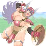  1girl anagumasan aqua_eyes armor bikini_armor breasts cleavage cowboy_shot dragon_quest dragon_quest_iii gloves helmet highres holding holding_shield holding_sword holding_weapon huge_breasts long_hair looking_at_viewer open_mouth purple_hair red_armor red_gloves shadow shield soldier_(dq3) solo sword very_long_hair weapon winged_helmet 